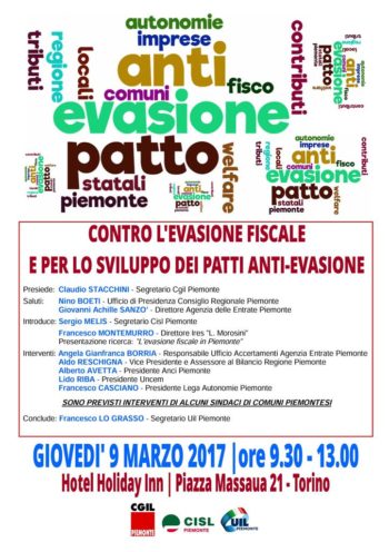 Locandina 9 marzo 2017 convegno contro l'evasione fiscale