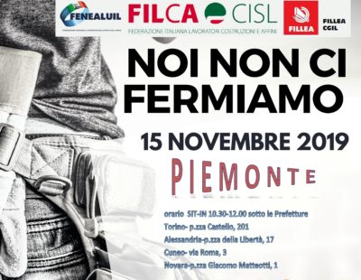 Edili: sindacati in 4 piazze del Piemonte il 15 novembre per il rilancio del settore
