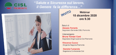 Martedì 15 webinar Cisl Piemonte: “Salute e sicurezza nei posti di lavoro, il Genere fa la differenza…”