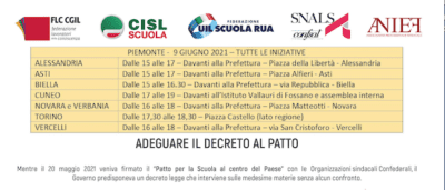 Scuola in piazza il 9 giugno in tutto il Piemonte contro il Decreto Sostegni bis