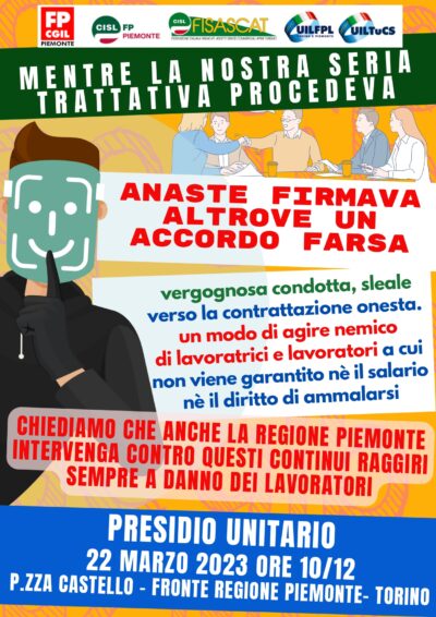 Sindacati in piazza il 22 marzo a Torino contro Anaste