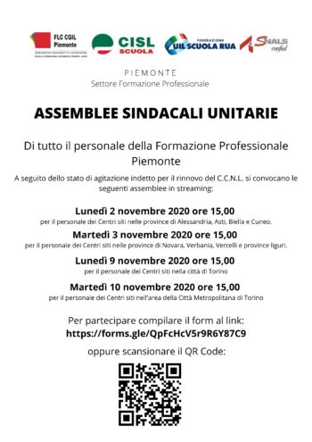 Lunedì 2 novembre 2020 ore 15,00 ad Alessandria ed Asti: ASSEMBLEE SINDACALI UNITARIE di tutto il personale della Formazione Professionale Piemonte