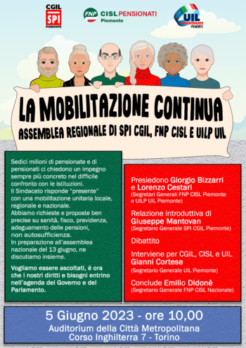 “La mobilitazione continua”, il 5 giugno assemblea unitaria promossa da SPI CGIL, FNP CISL e UILP UIL Piemonte